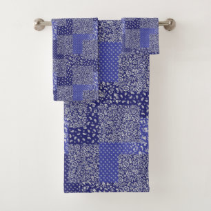Patchwork Pattern Chintz Shades of Blue Polka Dot  Bath Towel Set