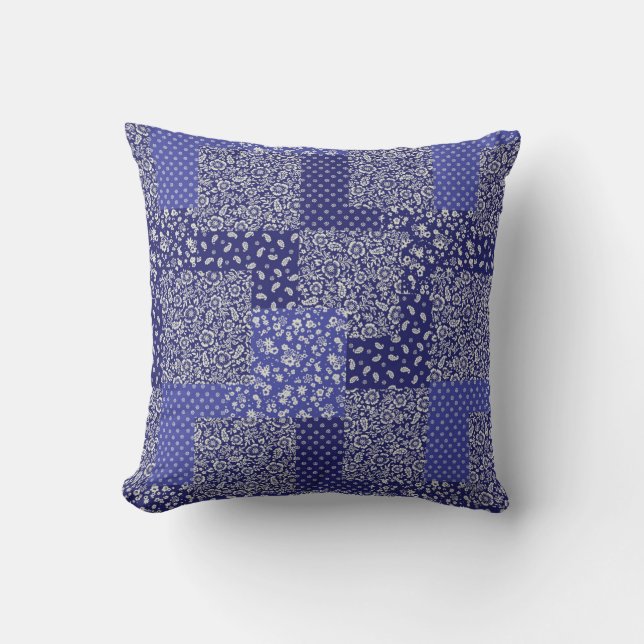 Patchwork Pattern Chintz Shades of Blue Polka Dot  Cushion (Front)