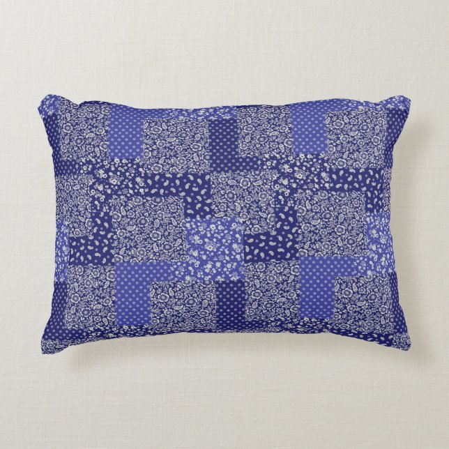 Patchwork Pattern Chintz Shades of Blue Polka Dot  Decorative Cushion (Front)