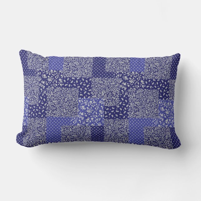 Patchwork Pattern Chintz Shades of Blue Polka Dot Lumbar Cushion (Front)