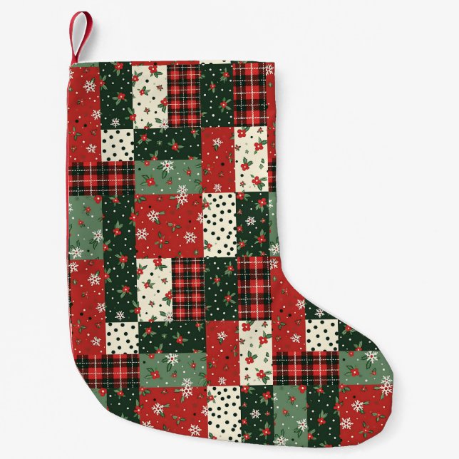 Patchwork pattern christmas  green red small christmas stocking (Front)