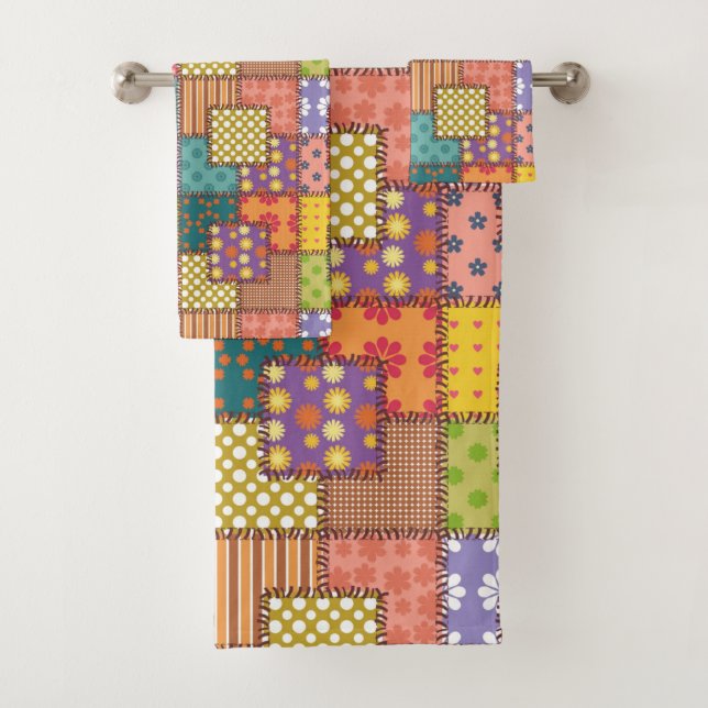 Patchwork Pattern Flowers Polka Dot Stripe Bath Towel Set (Insitu)