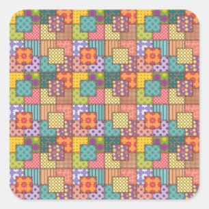Patchwork Pattern Flowers Polka Dot Stripe Square Sticker