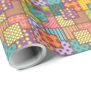 Patchwork Pattern Flowers Polka Dot Stripe  Wrapping Paper