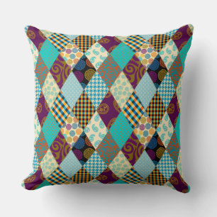 Patchwork Pattern Geometric Plaid Blue Purple Dots Cushion