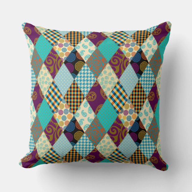 Patchwork Pattern Geometric Plaid Blue Purple Dots Cushion (Front)