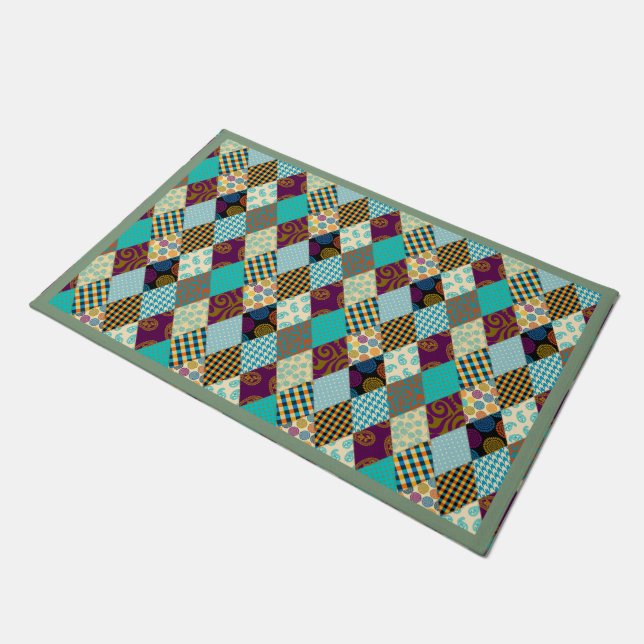 Patchwork Pattern Geometric Plaid Blue Purple Dots Doormat (Angled)