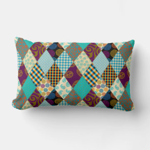 Patchwork Pattern Geometric Plaid Blue Purple Dots Lumbar Cushion
