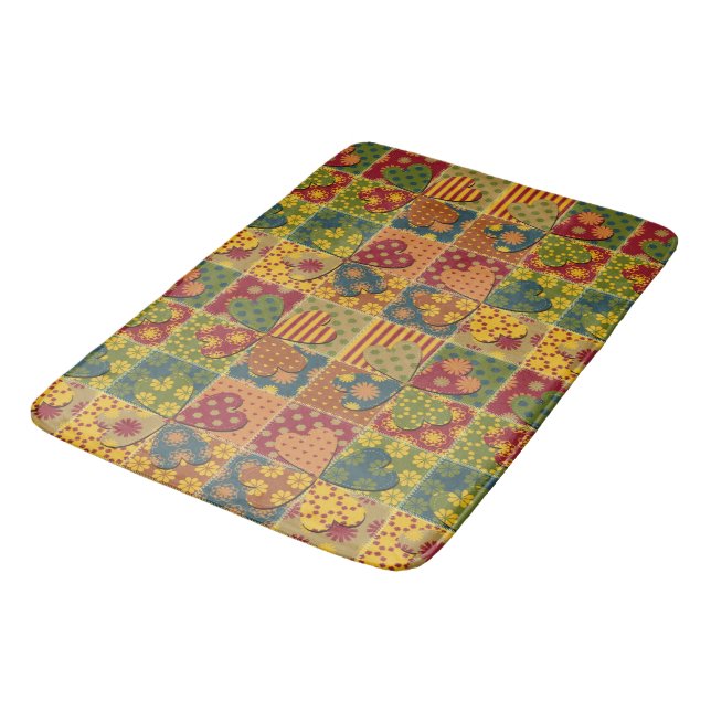 Patchwork Pattern Heart Button Stripe Green Yellow Bath Mat (Angled)