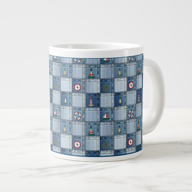 Patchwork Pattern with Marine Theme Lifebuoy Ancho Large Coffee Mug (Front Right)