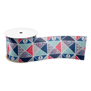 Patchwork Pattern with Nautical Element Polka Dot  Satin Ribbon
