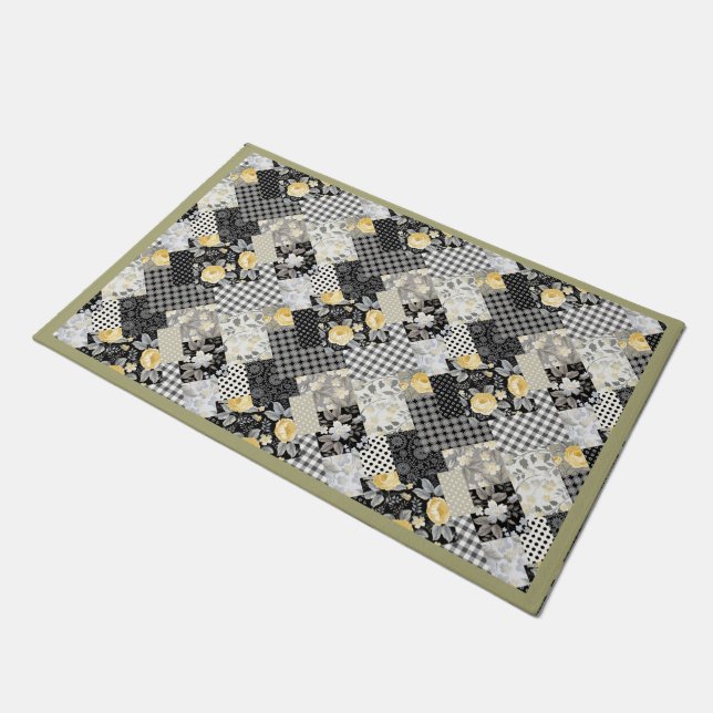 Patchwork Pattern with Stripes and Yellow Roses  Doormat (Angled)