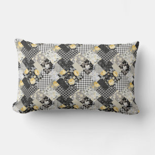 Patchwork Pattern with Stripes and Yellow Roses Lumbar Cushion