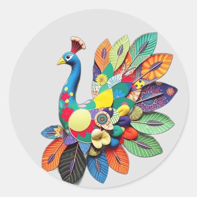 Patchwork Peacock Illustration Classic Round Sticker (Front)