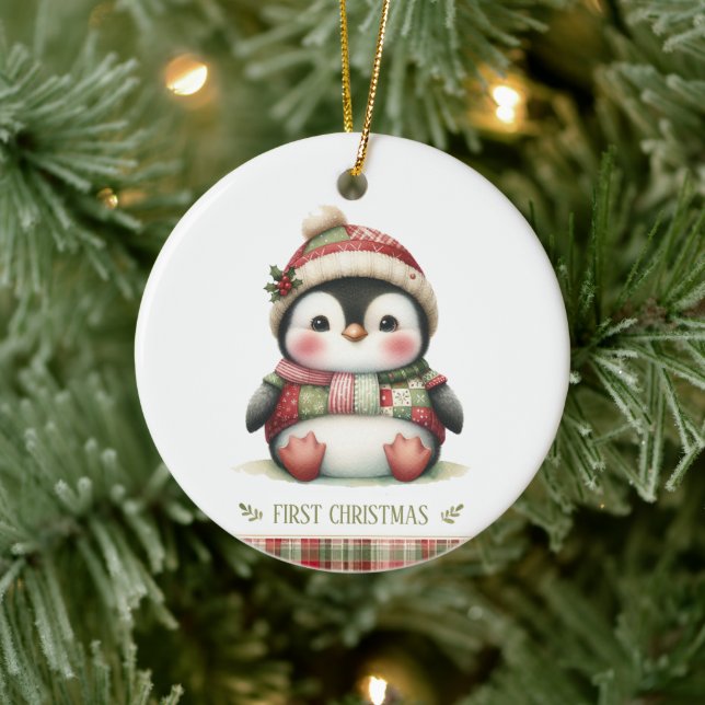 Patchwork Penguin First Christmas Keepsake Photo Ceramic Ornament (Tree)