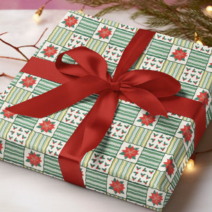 Patchwork Poinsettia Holly Christmas Pattern Wrapping Paper