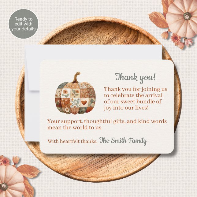 Patchwork Pumpkin Fall Baby Shower Thank You Cards (Creator Uploaded)