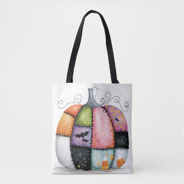 Patchwork Pumpkin White Halloween Tote Bag (Front)