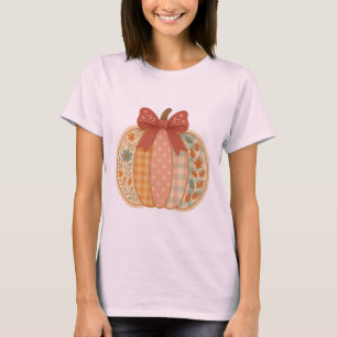 Patchwork Pumpkin with Bow – Cozy Autumn Gingham  T-Shirt