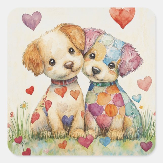 Patchwork Pups Valentine Square Sticker (Front)
