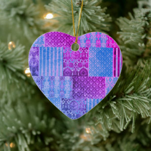 Patchwork Purple and Blue  Ceramic Ornament