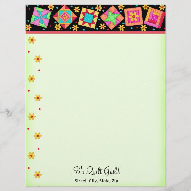 Patchwork Quilt Blocks Black Green Letterhead Template (Front)