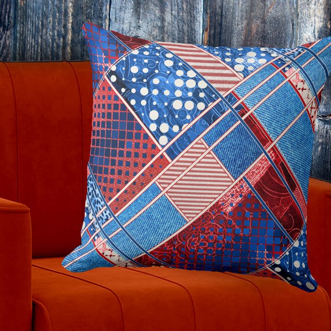 Patchwork Quilt Blue Jeans Pattern Pillow (Contemporary pillow featuring a modern abstract design with blue jeans and artistic red and white)