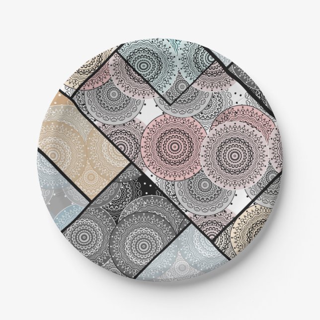 Patchwork quilt ceramic tile circles mandala paste paper plate (Front)
