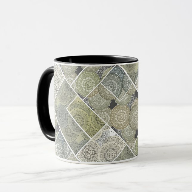 Patchwork quilt ceramic tile circles mandala patch mug (Front Left)