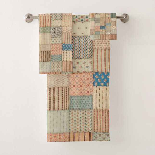 Patchwork quilt in muted colours bath towel set (Insitu)