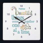 Patchwork Quilt One Stitch at A Time Square Wall Clock<br><div class="desc">Beautiful things come together one stitch at a time. If you love to sew patchwork quilts,  this fabulous saying is perfect decor for your quilting or sewing room. Pretty teal quote with patchwork design on the two larger words. Add a name for a personalized gift.</div>