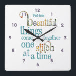 Patchwork Quilt One Stitch at A Time Square Wall Clock<br><div class="desc">Beautiful things come together one stitch at a time. If you love to sew patchwork quilts,  this fabulous saying is perfect decor for your quilting or sewing room. Pretty teal quote with patchwork design on the two larger words. Add a name for a personalized gift.</div>