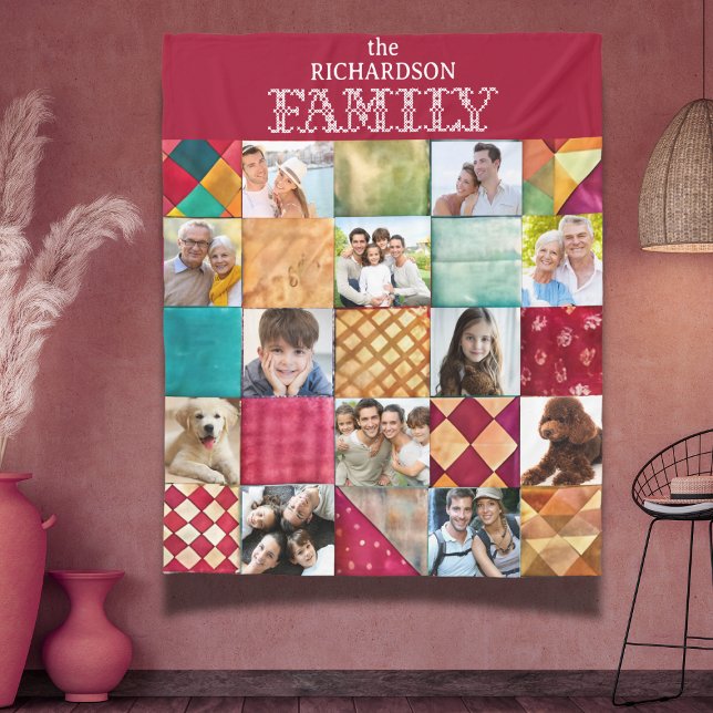 Patchwork Quilt Pattern 12 Photo Fleece Blanket (cute cozy quilt-style family photo blanket keepsake, great for home decor and gift for family)