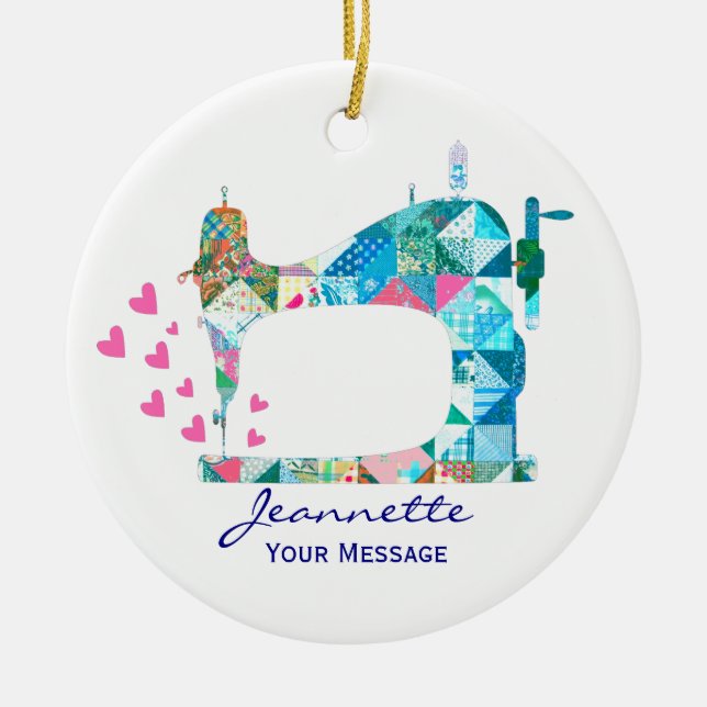 Patchwork Quilt Sewing Machine Ceramic Ornament (Front)