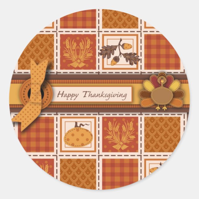 Patchwork Quilted-look Thanksgiving Classic Round Sticker (Front)