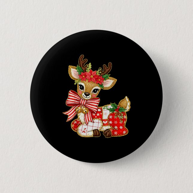 Patchwork Reindeer Preppy Girly Christmas Xmas Hol 6 Cm Round Badge (Front)