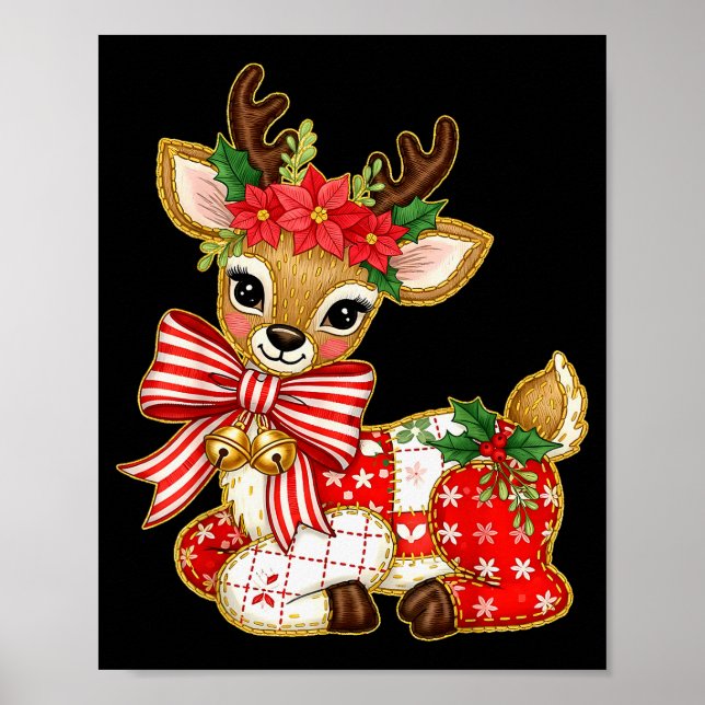 Patchwork Reindeer Preppy Girly Christmas Xmas Hol Poster (Front)