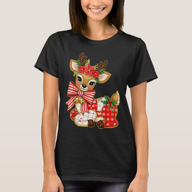 Patchwork Reindeer Preppy Girly Christmas Xmas Hol T-Shirt (Front)