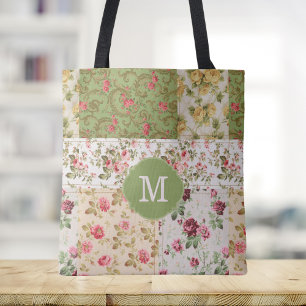 Patchwork Rose Custom Monogram Tote Bag