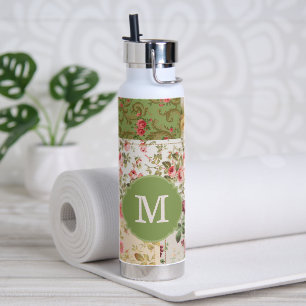 Patchwork Rose Custom Monogram Water Bottle