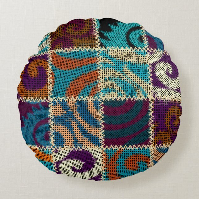 Patchwork Rough Canvas Vintage Imitation Round Cushion (Front)