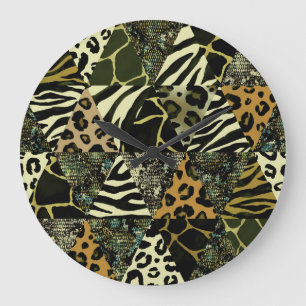 Patchwork Safari: Watercolor Animal Print. Large Clock