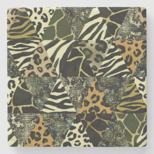 Patchwork Safari: Watercolor Animal Print. Stone Coaster