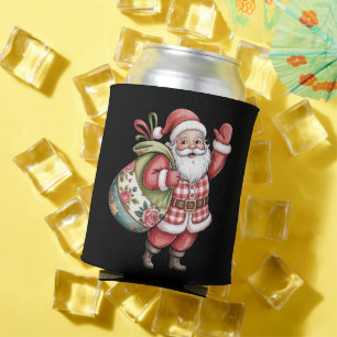 Patchwork Santa Christmas Retro Merry And Bright Can Cooler