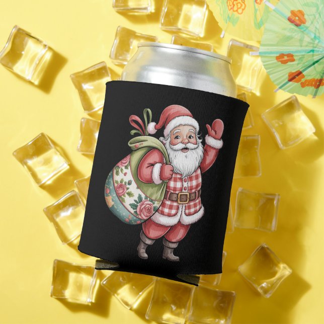 Patchwork Santa Christmas Retro Merry And Bright  Can Cooler (In Situ Summer)