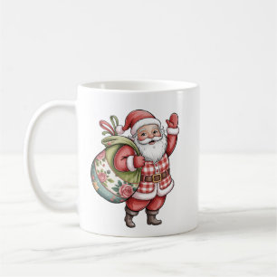 Patchwork Santa Christmas Retro Merry And Bright Coffee Mug