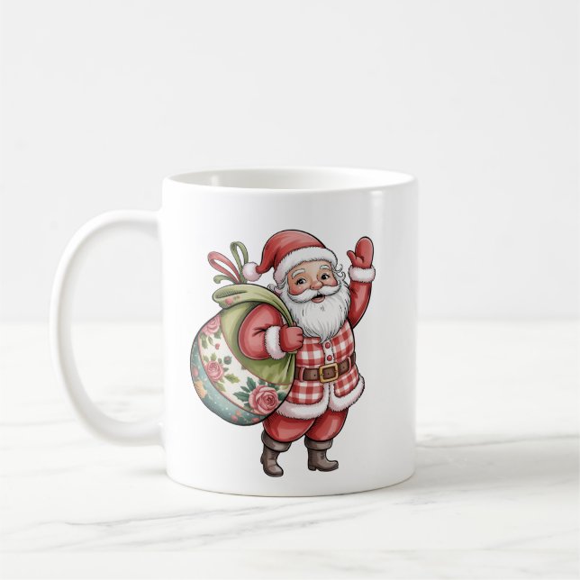 Patchwork Santa Christmas Retro Merry And Bright  Coffee Mug (Left)