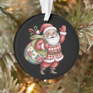 Patchwork Santa Christmas Retro Merry And Bright  Ornament