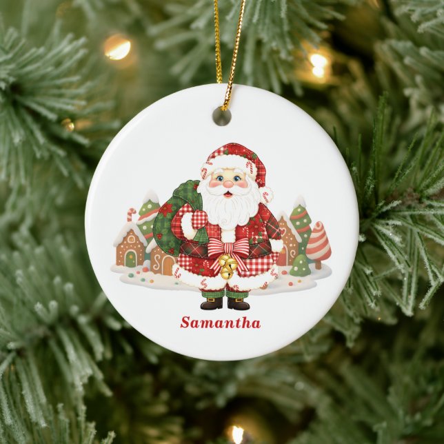 Patchwork Santa Claus Christmas Ceramic Ornament (Tree)