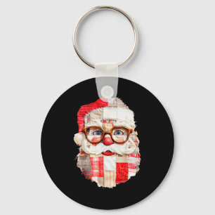 Patchwork Santa Claus Face Preppy Girly Christmas  Key Ring